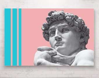 David by Michelangelo, modern poster or painting, pink and blue wall print, interior wall decorations.