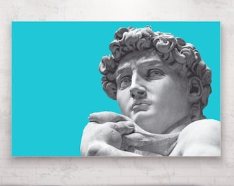 Michelangelo's David Sculpture, Poster or Canvas Painting, Blue Wall Art Print, Interior Wall Decor.