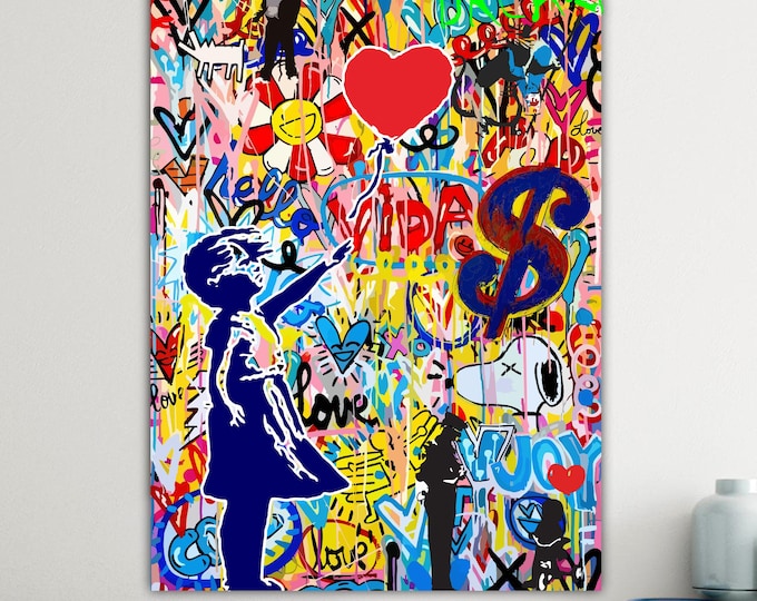 Modern Banksy style canvas blue balloon girl Pop Art graffiti Bansky style poster or canvas picture high quality wall decorations.