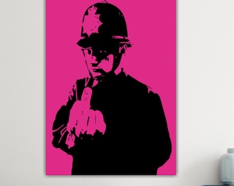 Modern Banksy style painting size 100 x 150 cm ready to hang, Rude policeman shows a middle finger Fuchsia. SPECIAL OFFER