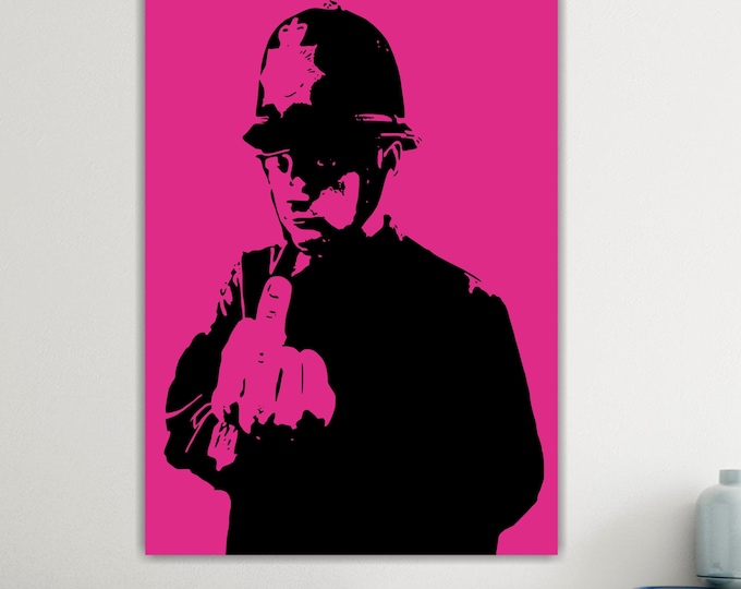 Banksy Style Poster or Painting, Rude Policeman Displays Vertical Fuchsia Middle Finger, Banksy Style Interior Wall Decorations.