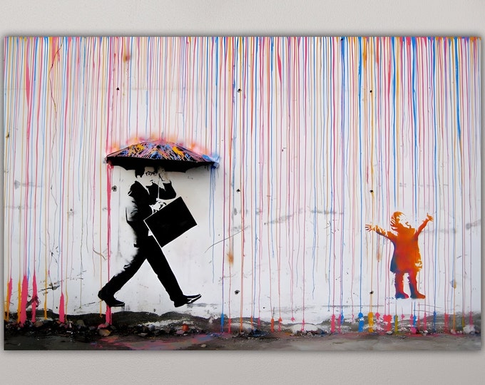 Banksy Pop Art Ready to hang painting or canvas poster, Rain of colors, street art graffiti, wall decoration home decor.