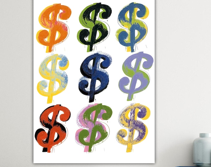 Modern Canvas Colorful Dollars in Andy Warhol Style Poster or Canvas Print High Quality Pop Art, Interior Wall Decorations.