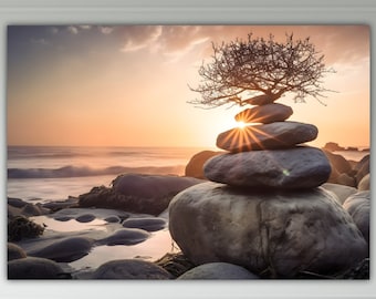 Stone Balancing at Sunset, Zen Print, Poster or Wall Art, Canvas Print, Home Wall Decor. Balancing Stones.