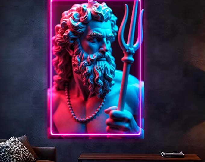 LED Light Painting Poseidon God of the Sea, Large Modern Canvas Reproduction, Wall Decorations for Home Decor