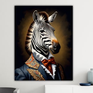 May include: A zebra wearing a blue suit with a gold and orange patterned collar and a red bow tie. The zebra has a serious expression and is looking to the right.
