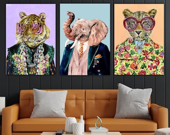 Set of 3 Canvas Wall Art Prints, Jungle Animals, Leopard, Elephant, Tiger, Aesthetic Poster or Picture, Interior Wall Decor.
