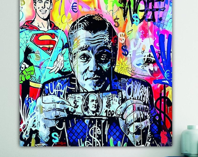 Banksy Wolf of Wall Street-style contemporary canvas poster or painting, interior wall decor. Banksy-style graffiti.