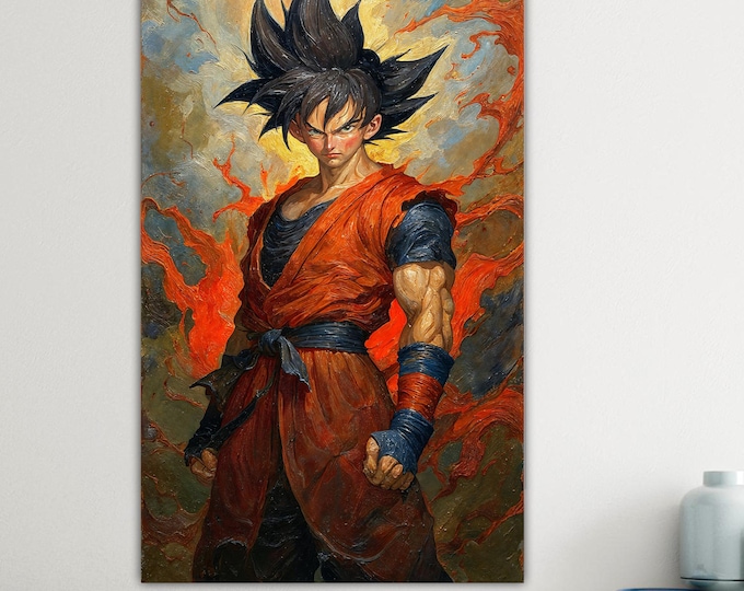 Goku, poster or art print, interior wall decor, Japanese manga anime. Oil painting.