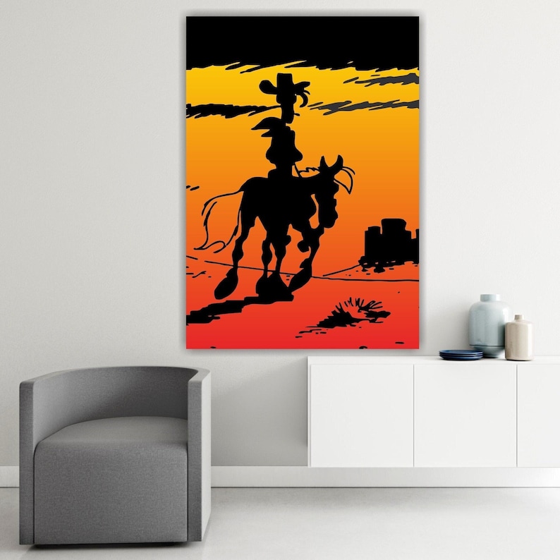 Lucky Luke leaves with Jolly, poster or painting on canvas, cartoon character canvas print, interior wall decorations. image 1