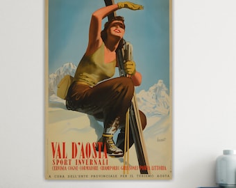 Valle D'Aosta Ski Vintage Poster or Canvas Print, Large Size, Canvas Print, Interior Wall Decor.
