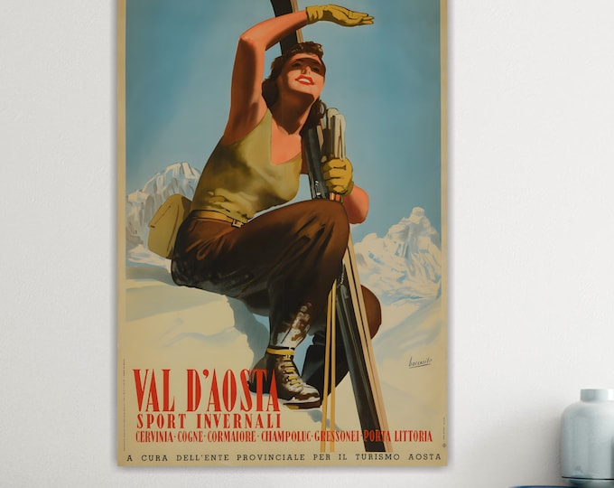 Valle D'Aosta Ski Vintage Poster or Canvas Print, Large Size, Canvas Print, Interior Wall Decor.