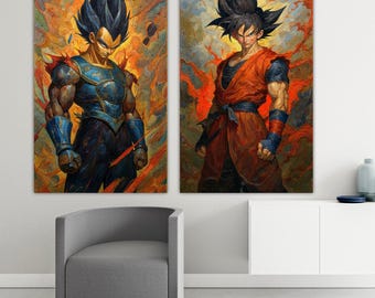 Goku and Vegeta diptych oil painting effect, Anime character Dragon set of two prints, Poster or picture for interior walls modern paintings