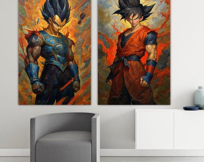 Goku and Vegeta diptych oil painting effect, Anime character Dragon set of two prints, Poster or picture for interior walls modern paintings
