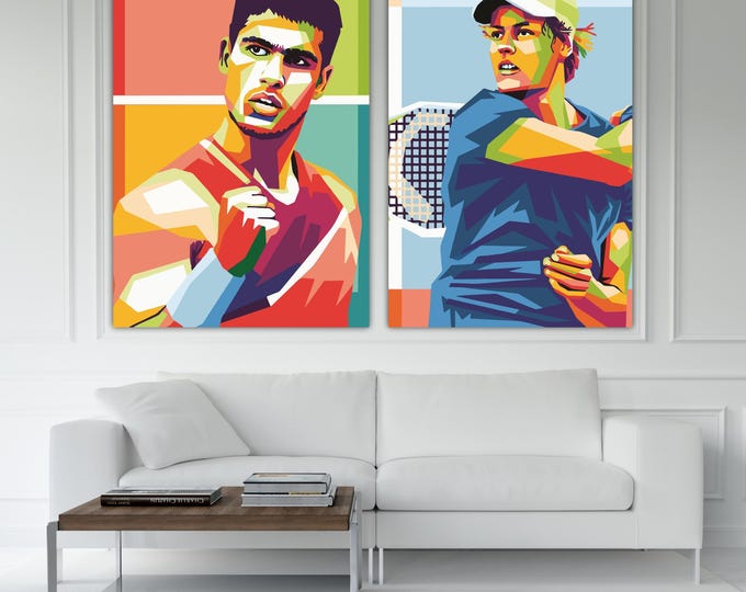 Set of 2 canvas prints by Carlos Alcaraz and Jannik Sinner, diptych, poster or art painting, tennis champion, wall decorations
