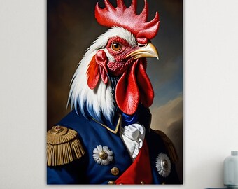 French Rooster, Animal Nobility, Large Colorful Poster or Canvas Painting, Wall Decorations.
