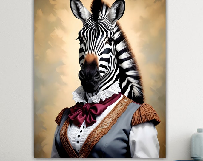 Lady Zebra, Animal Nobility, Large Colorful Poster or Canvas Painting, Wall Decor.