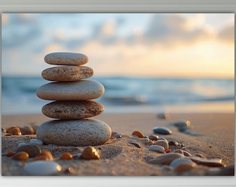Stone Balancing at Sunrise, Zen Print, Poster or Wall Art, Canvas Print, Home Wall Decor. Balancing Stones.