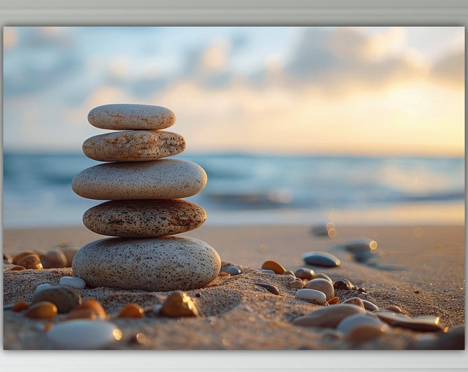 Stone Balancing at Sunrise, Zen Print, Poster or Wall Art, Canvas Print, Home Wall Decor. Balancing Stones.