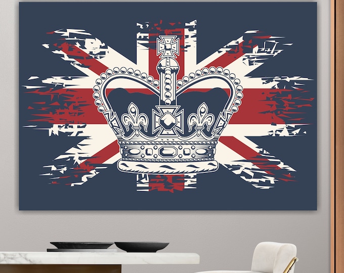 English Flag with Crown, Poster or Canvas Wall Art, Interior Wall Decor. Home Decor.