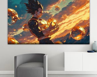 Vegeta and the Spheres, poster or art painting, interior wall decorations, Japanese manga anime. Oil painting. Modern painting.