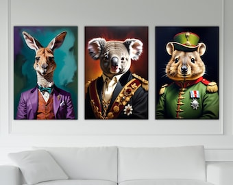 Animal Nobility, Set of 3 Posters or Canvas Pictures, Australian Animals, Koala, Quokka and Kangaroo. Wall Decoration.