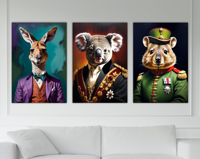 Animal Nobility, Set of 3 Posters or Canvas Pictures, Australian Animals, Koala, Quokka and Kangaroo. Wall Decoration.