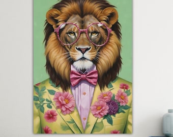 Pop Lion, modern version poster or colorful painting, jungle and savannah animals, wall decorations.