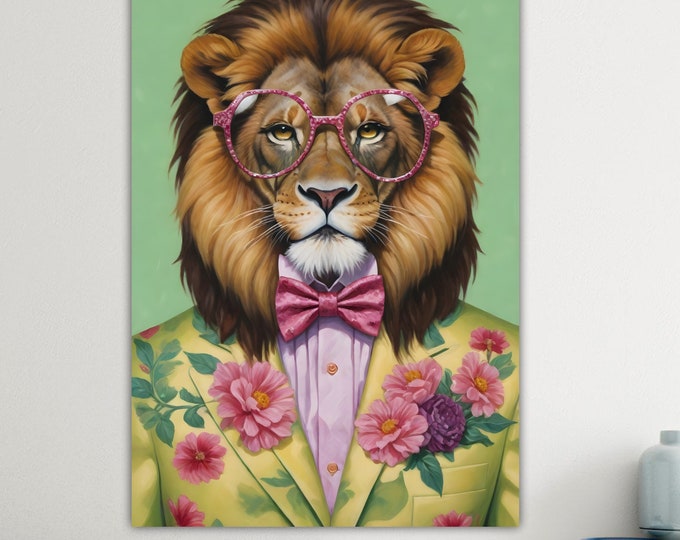 Pop Lion, modern version poster or colorful picture, jungle and savannah animals, wall decorations.