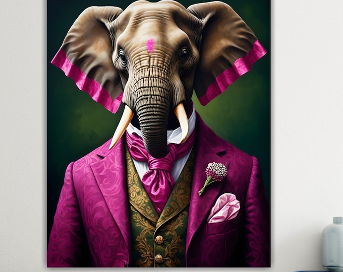 Sir. Elephant, Animal Nobility, Large Colorful Poster or Canvas Painting, Wall Decor.