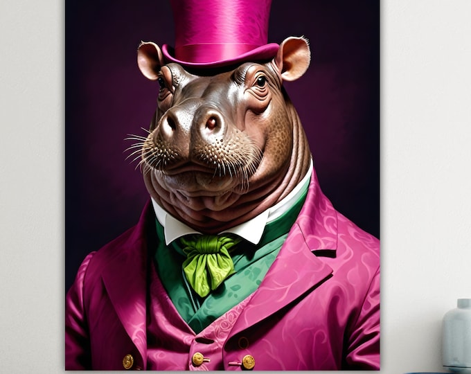 Hippopotamus, Animal Nobility, Large Colorful Poster or Canvas Painting, Wall Decorations.