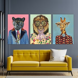 Set of 3 Canvas Wall Art Prints Jungle Animals Giraffe Lion Panther Aesthetic Poster or Picture Home Decor Wall Art.