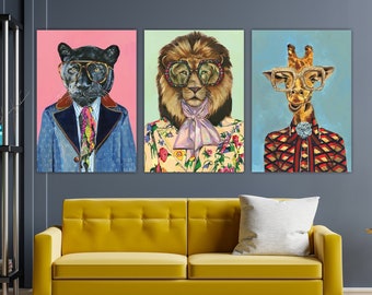 Set di 3 stampe su tela da parete, animali della giungla, giraffa, leone, pantera, poster o quadro estetico, decorazioni murali per interni.