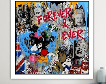 Modern Banksy-style poster or canvas print of Mickey and Minnie Mouse, reproduction, interior wall decorations. Graffiti street art.