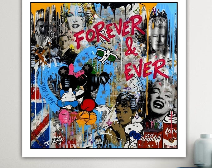 Modern Banksy-style poster or canvas print of Mickey and Minnie Mouse, reproduction, interior wall decorations. Graffiti street art.