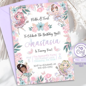 Puede incluir: Una invitación de cumpleaños en colores pastel con ilustraciones de hadas y detalles florales. La invitación incluye el texto "Flutter & Twirl" y "To Celebrate The Birthday Girl! Anastasia Is Turning Four!" con detalles del evento y una llamada a la acción.