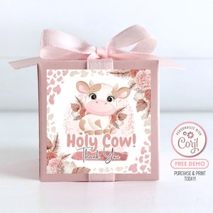 Editable Pink Cow Sticker Party Favor Sticker Party Box Label Holy Cow Birthday Labels Favor Stickers Boho Floral Party Bag Label BP0002