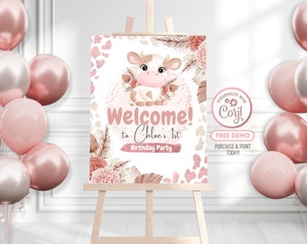 Editable Holy Cow 1st Birthday Welcome Sign Cow Table Sign Pink Cow Party Boho Cow Welcome Sign Welcome Banner Printable Welcome Sign BP0002