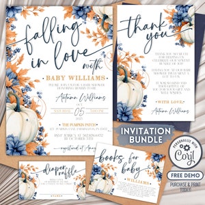 May include: A set of printable baby shower invitations with a fall theme. The invitations feature pumpkins, fall leaves, and blue flowers. The text on the invitations reads "Falling in love with Baby Williams" and "Thank you".