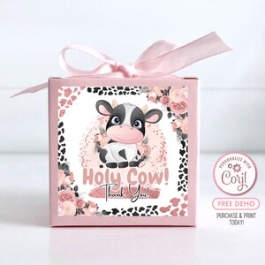 Editable Pink Cow Sticker Party Favor Sticker Party Box Label Holy Cow Birthday Labels Favor Stickers Boho Floral Party Bag Label BP0001