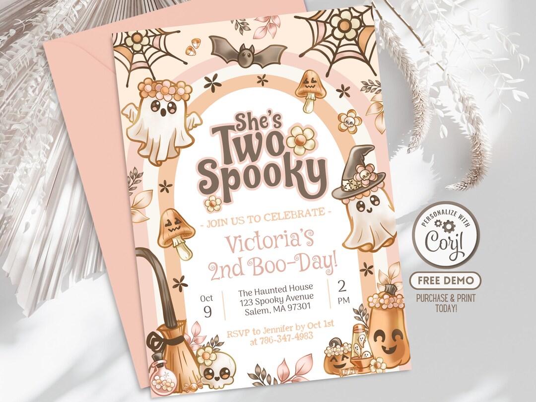 Editable Halloween Two Spooky Ghost Birthday Party Invitation Retro ...