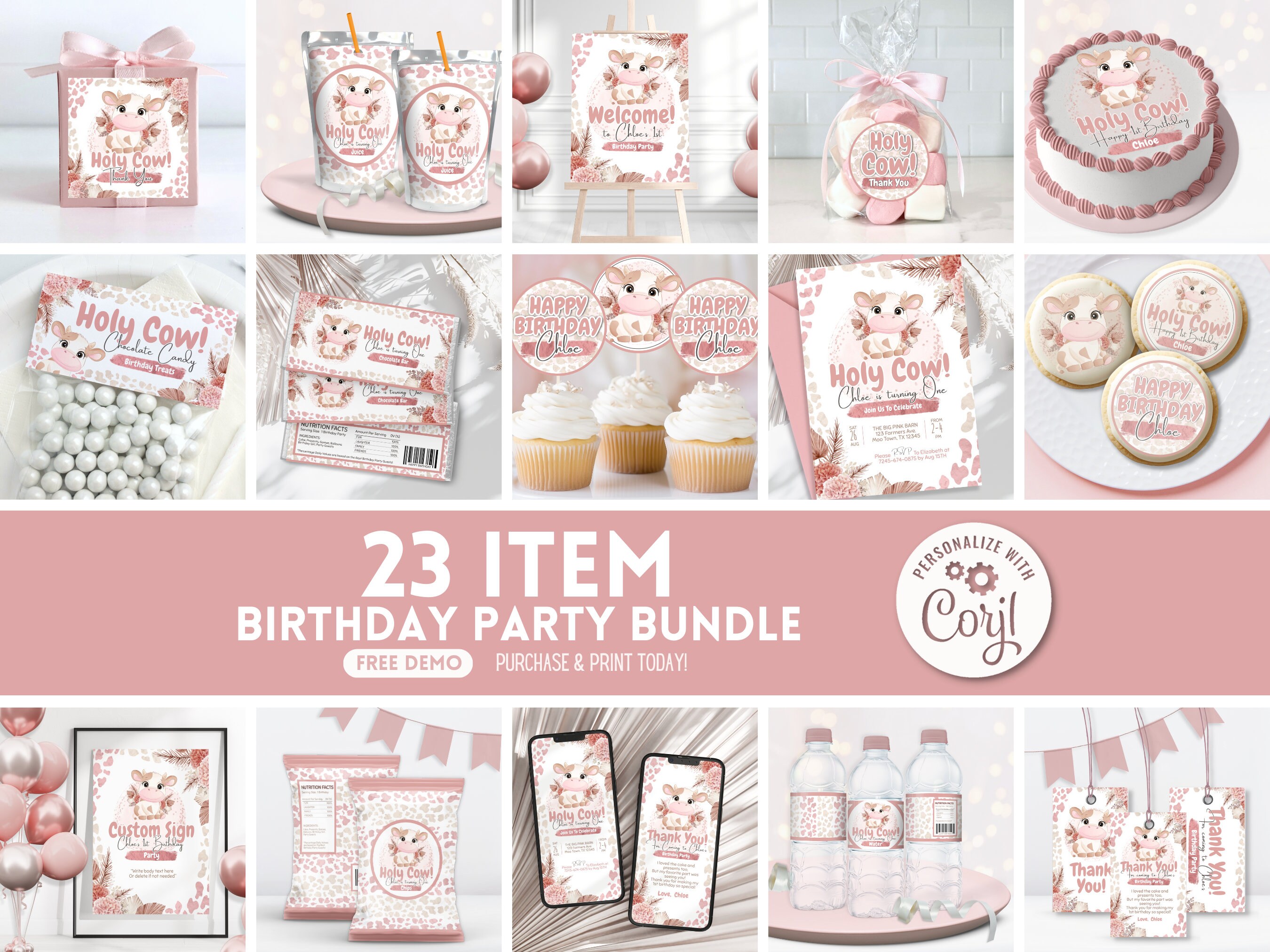 Holy Cow Birthday Party Bundle Pink Cow Party Bundle Boho Cow Birthday ...