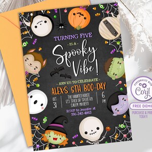 May include: A black chalkboard style invitation with colorful cartoon characters for a 5th birthday party. The invitation says "Turning Five - Is a Spooky Vibe!" and "Alex's 5th Boo-Day". The party is on October 31st at 6 PM at The Haunted House, 123 Trick or Treat Rd, Salem MA 01971. RSVP to Jennifer at 786-347-4983.