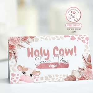 Etiquetas para alimentos con diseño de vaca, color rosa ruborizado, con motivos florales, estilo bohemio, para cumpleaños, para bufé, para tiendas de campaña, para colocar alimentos, para mesas, plantilla imprimible BP0002