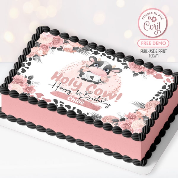 Editable Pink Cow Cake Image Holy Cow Cake Topper Cow Sheet Cake Template For Edible Ink Boho Girl Birthday Cake Do It Yourself Cake BP0001