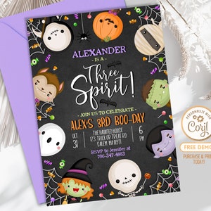 May include: A black chalkboard Halloween party invitation with a purple envelope. The invitation features a cartoon illustration of a pumpkin, a mummy, a werewolf, a ghost, a witch, a skeleton, a vampire, and a Frankenstein monster. The text on the invitation reads "Alexander is a Three Spirit!" and "Alex's 3rd Boo-Day".