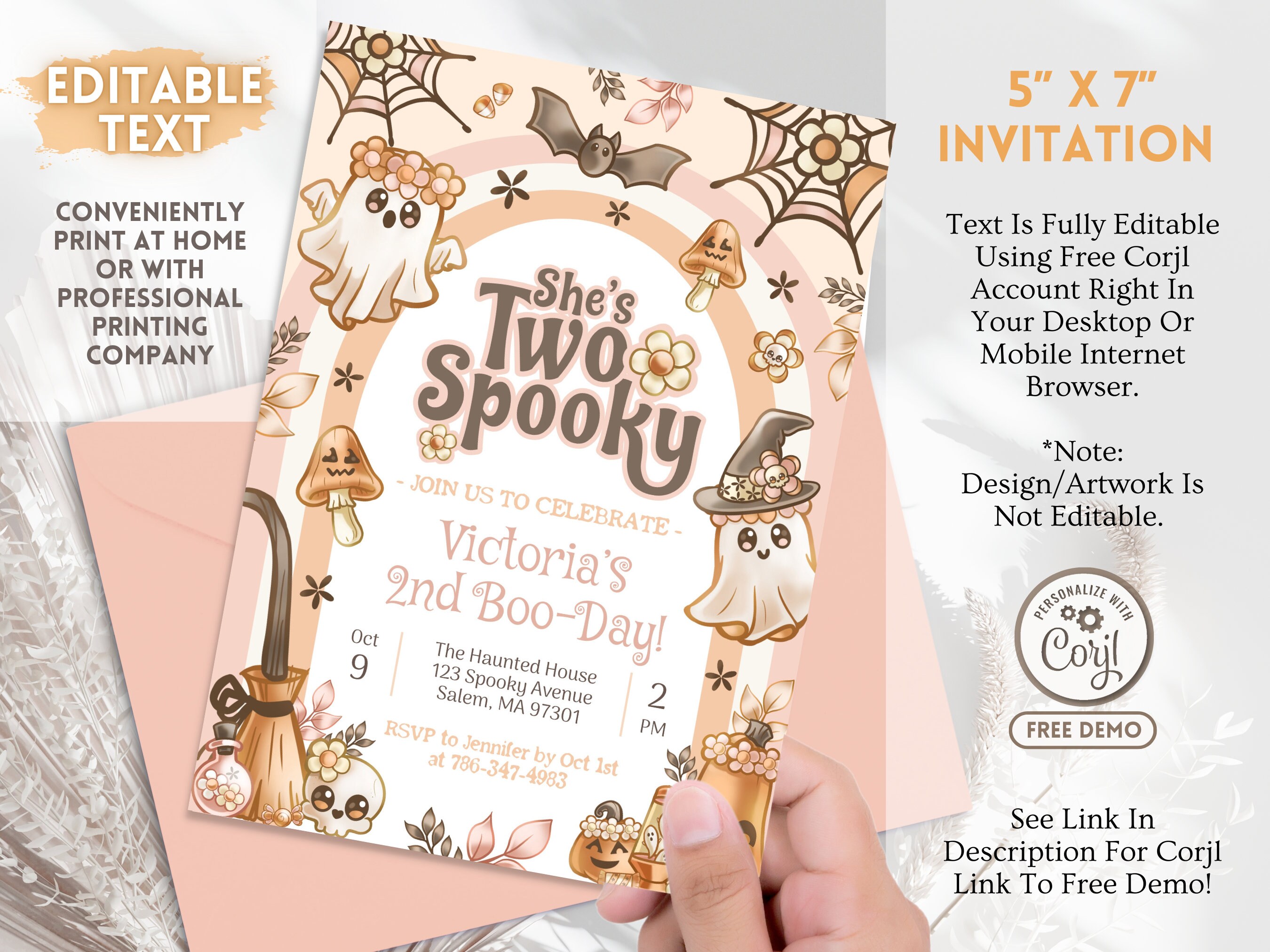 Editable Halloween Two Spooky Ghost Birthday Party Invitation Retro ...