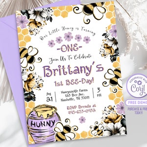 Editable Bee Birthday Invitation 1st Birthday Invite 1st Bee Day Invitation Our Little Honey Bee Birthday, Floral Bee 1st Birthday Girl Bee