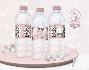 Étiquette de bouteille d’eau de vache rose modifiable Holy Cow Anniversaire Waterbottle Party Favor Boho Floral Water Bottle Wrap Band Imprimable Télécharger BP0001