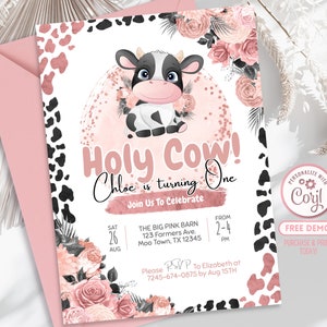 Editable Pink Boho Cow Print Birthday Invitation Holy Cow I&#39;m One 1st Birthday Invite Girls Floral Birthday Instant Download Template BP0001